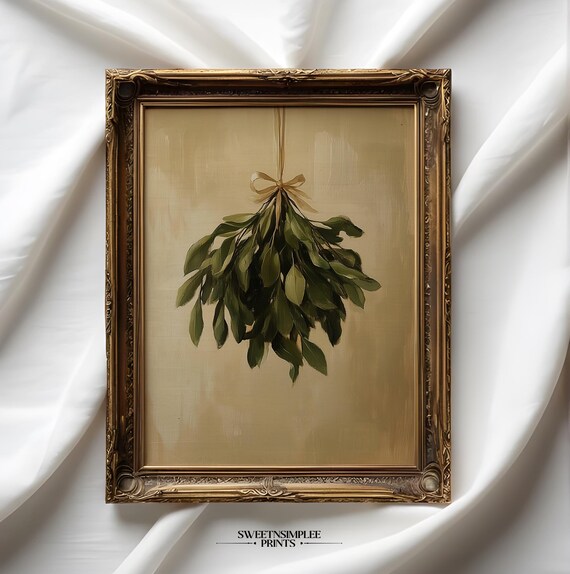 Vintage Hanging Mistletoe With Ribbon Botanical Christmas Poster