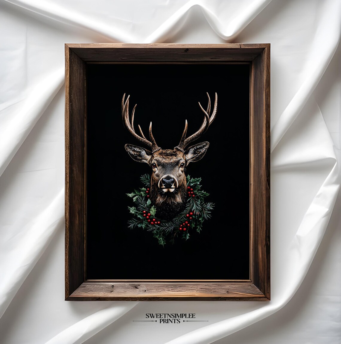 Stag Head With Holly Wreath On Black Moody Christmas Art Poster - Image 2