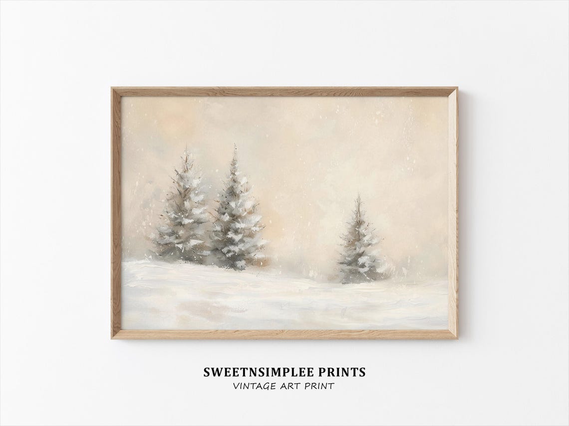 Snowy Pine Trees Winter Poster Neutral Beige Landscape Holiday Decor