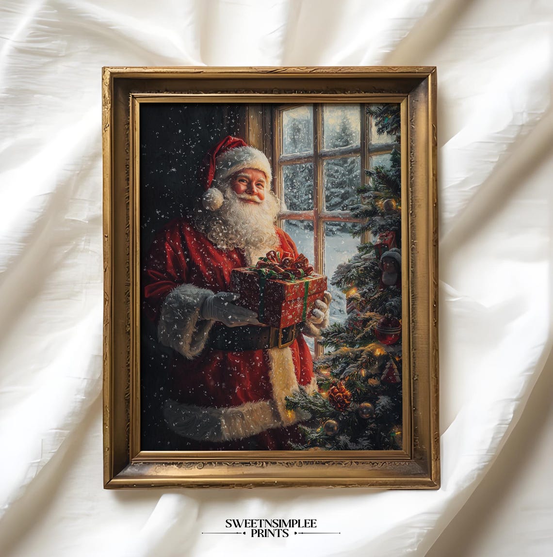 Vintage Santa Claus Holding Gift by Snowy Window Christmas Poster - Image 2