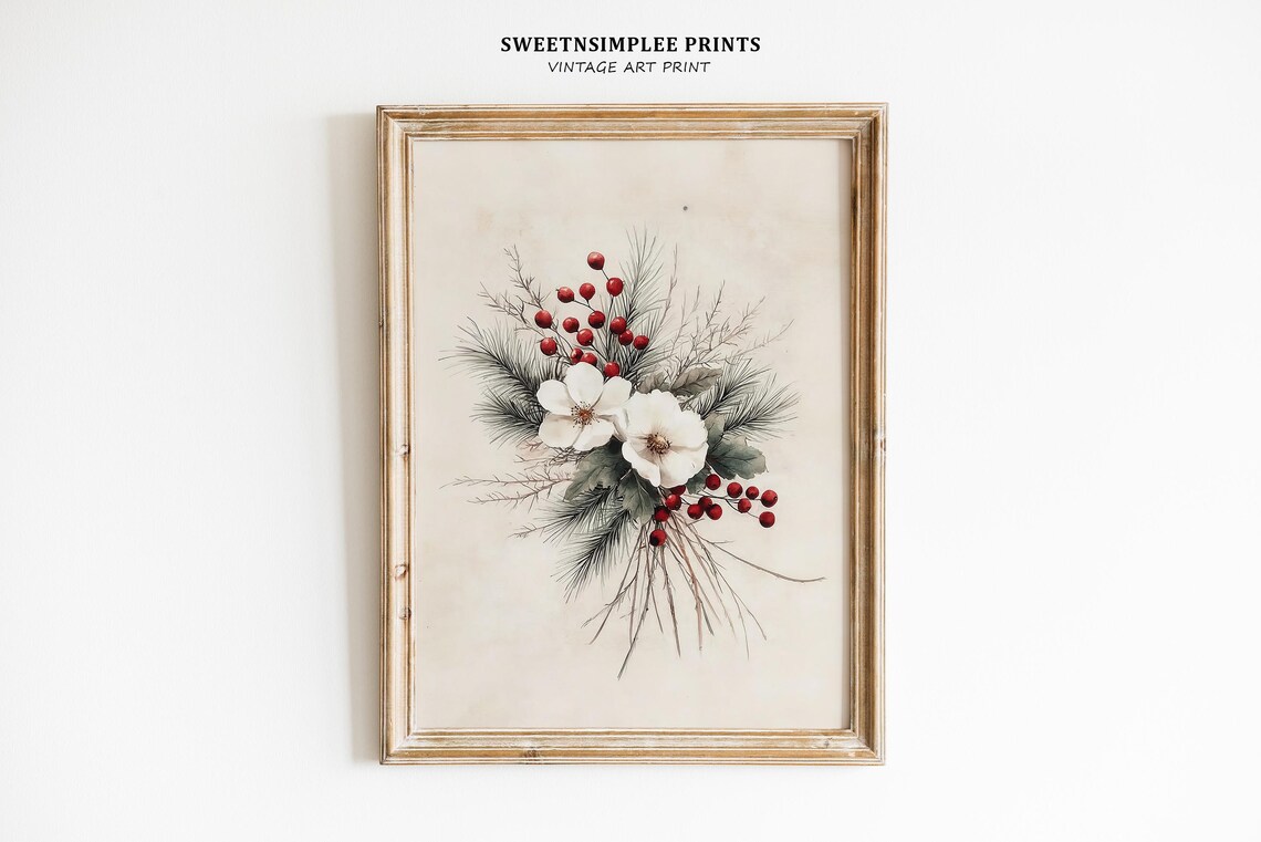 Vintage Winter Bouquet of White Flowers and Red Berries Poster