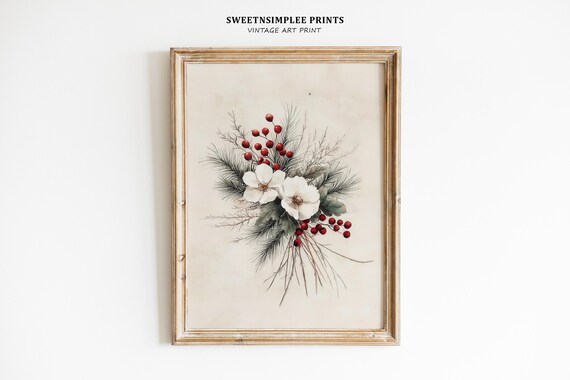 Vintage Winter Bouquet of White Flowers and Red Berries Poster