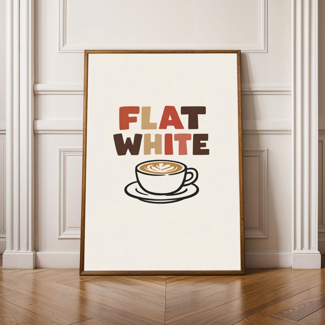 Flat White Art Print Coffee Cup Poster Vintage Minimalist Style