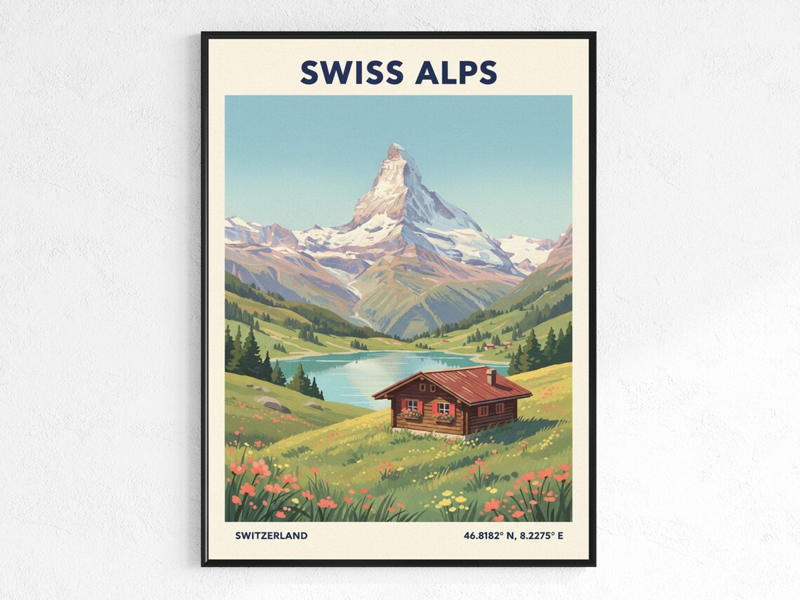 Swiss Alps Vintage Matterhorn Peak Cabin Switzerland Travel Poster