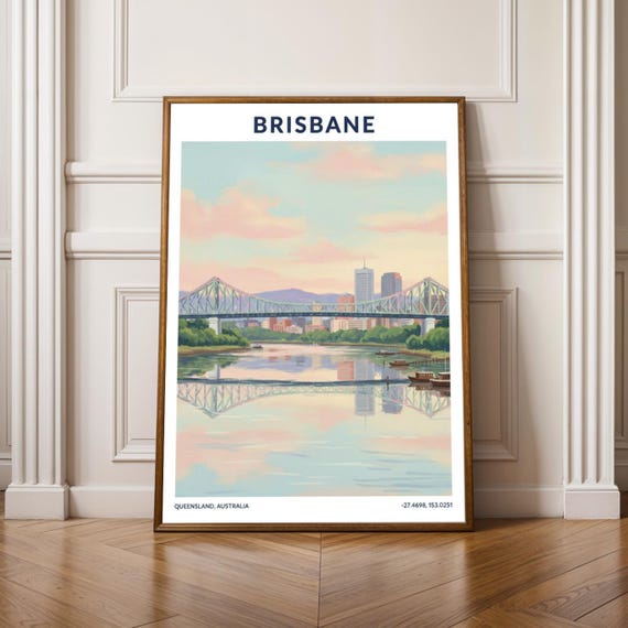 Brisbane Cityscape Poster Queensland Travel Art Print Vintage Wall Decor