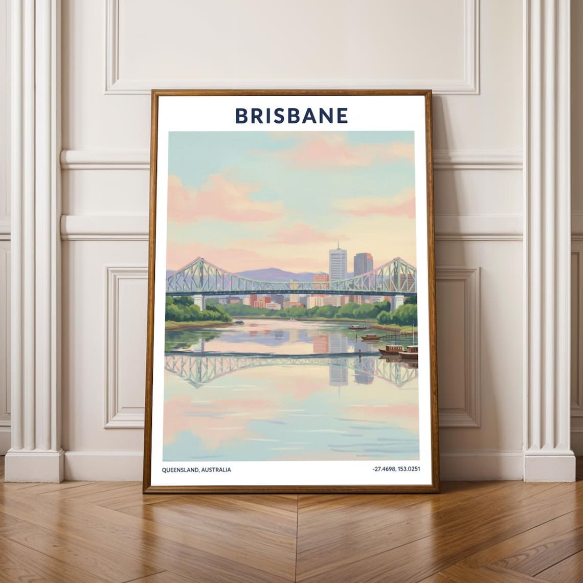 Brisbane Story Bridge Sunset River View Vintage Travel Poster