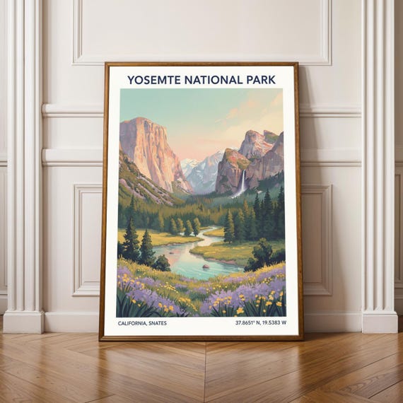 Yosemite National Park Art Print California Travel Poster Pastel Landscape Decor