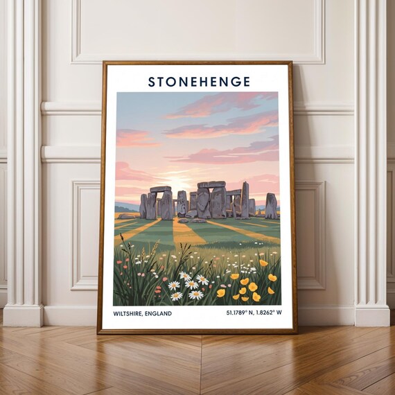 Stonehenge Sunset Wildflower Meadow Vintage England Travel Poster