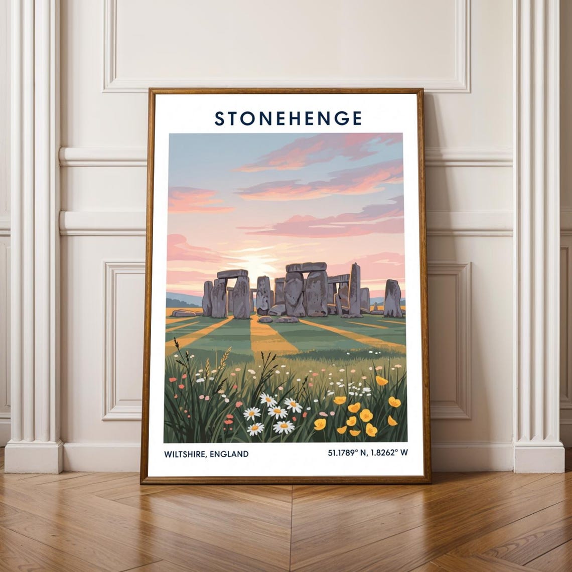 Stonehenge Sunset Wildflower Meadow Vintage England Travel Poster