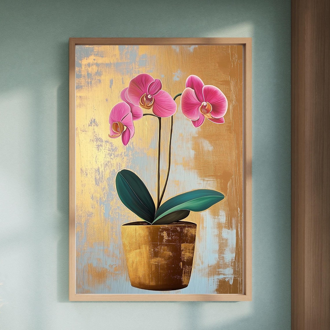 Pink Orchid In Gold Pot On Gold Leaf Background Flower Art Poster