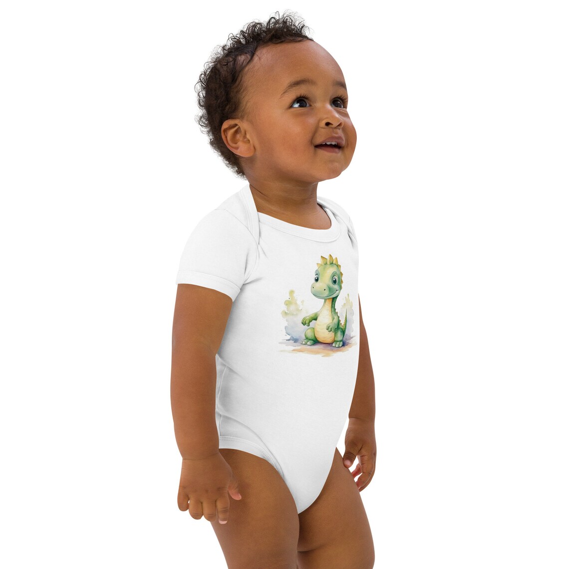 Baby Dinosaur Watercolor Design Shown On White Baby Onesie Print - Image 4