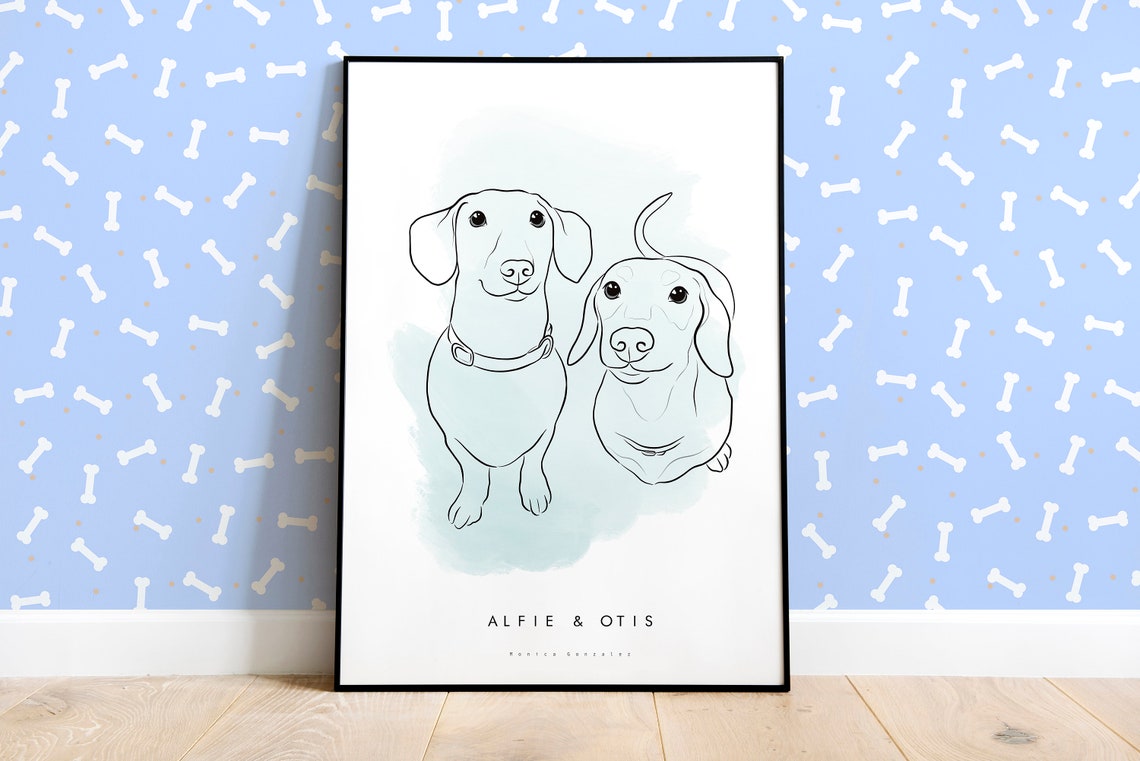 Two Dachshunds Line Art Pet Portrait Print with Mint Watercolor Wash