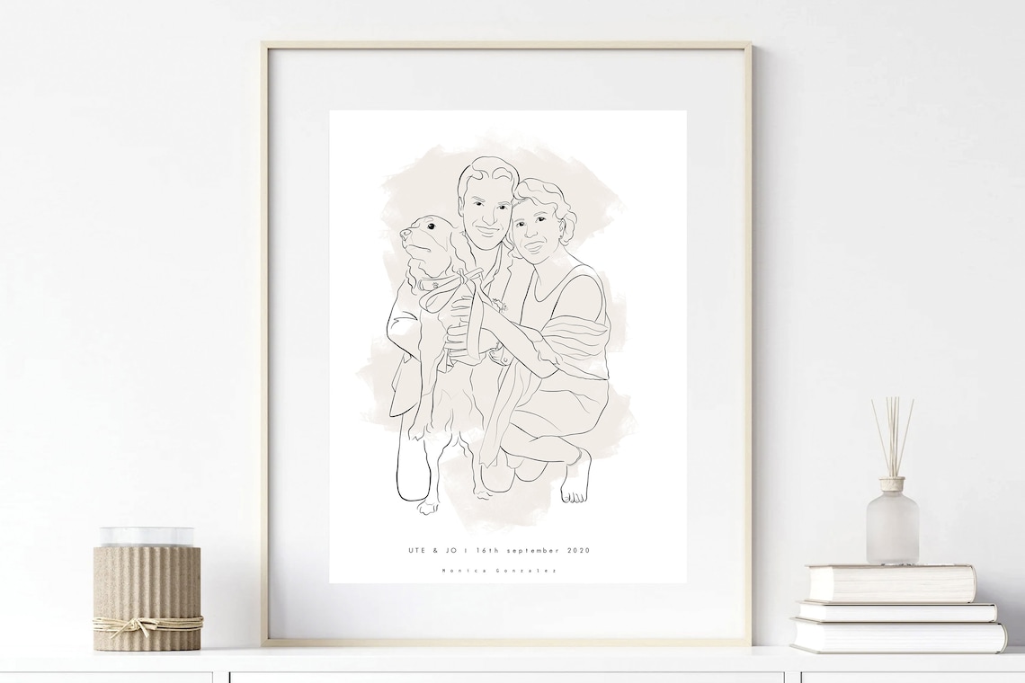 Couple With Dog Custom Portrait Soft Neutral Line Art Gift Poster