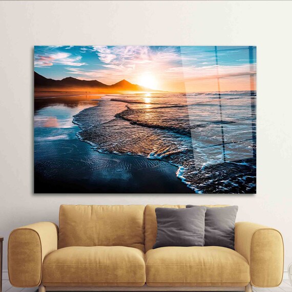 Sunset Waves On Sandy Beach Ocean Shoreline Coastal Art Poster