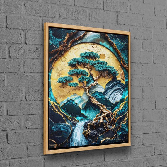 Golden Moon Bonsai Tree Gold Teal Marble Zen Abstract Poster