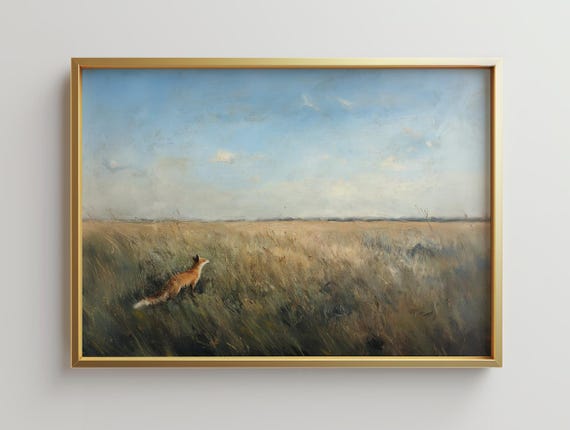 Framed Fox Art Print Neutral Landscape Gold Frame