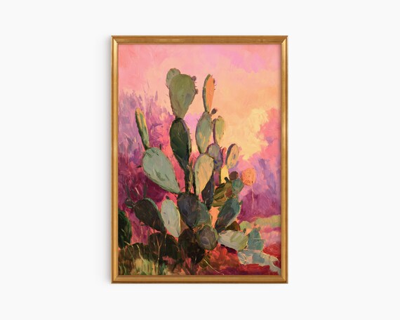 Prickly Pear Cactus Desert Sunset Oil Painting Pink Sky Poster