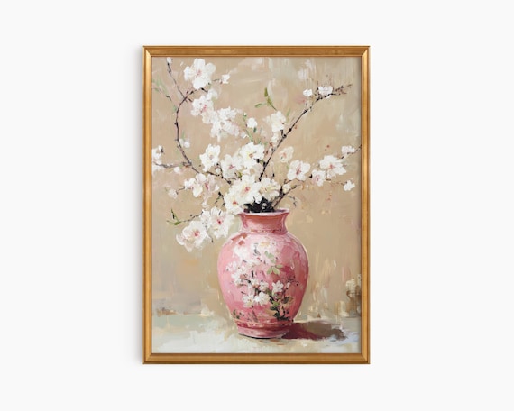 Pink Chinoiserie Vase With White Blossoms Floral Oil Painting Poster