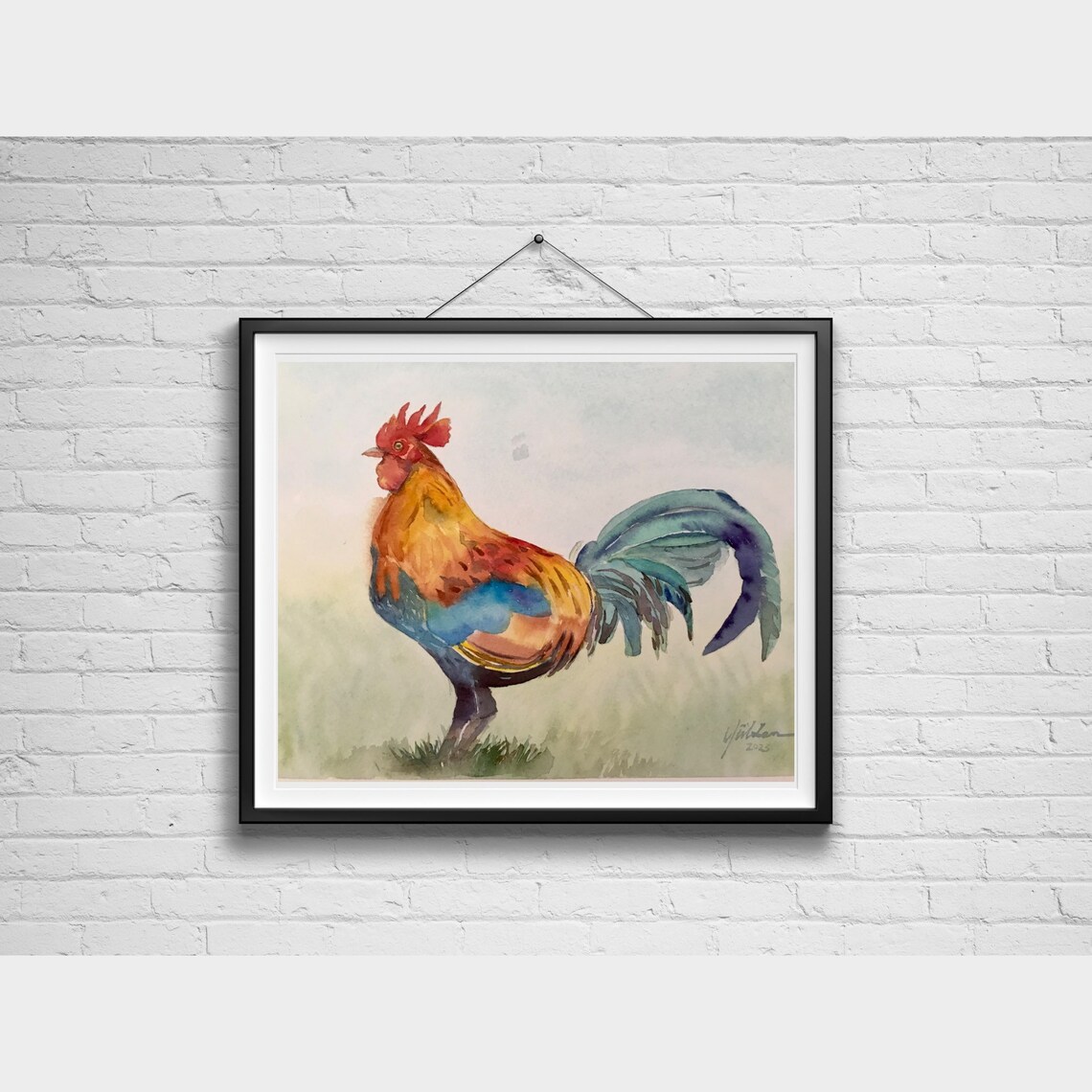 Vibrant Colorful Rooster Watercolor Painting in Orange and Teal Poster - Image 6