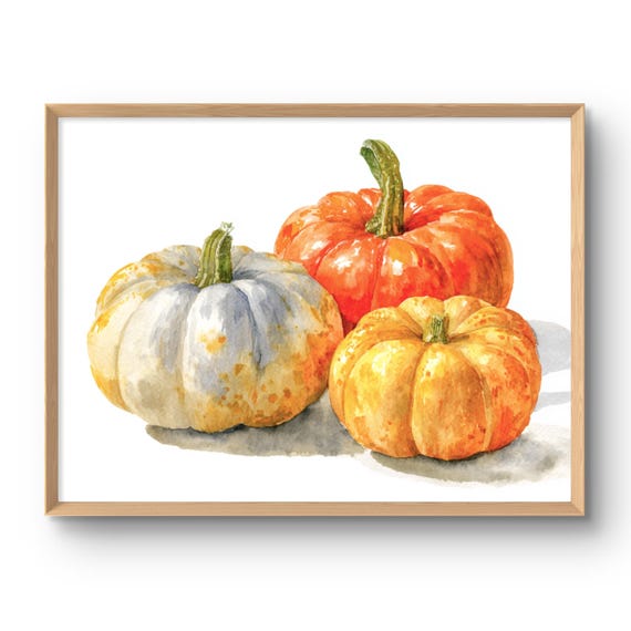 Pumpkin Art Print Watercolor Style Rustic Farmhouse Fall Decor