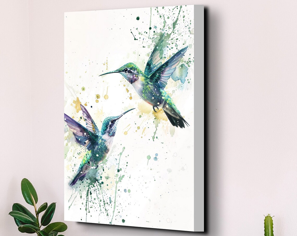 Two Turquoise Hummingbirds Dancing Midair Watercolor Splatter Poster