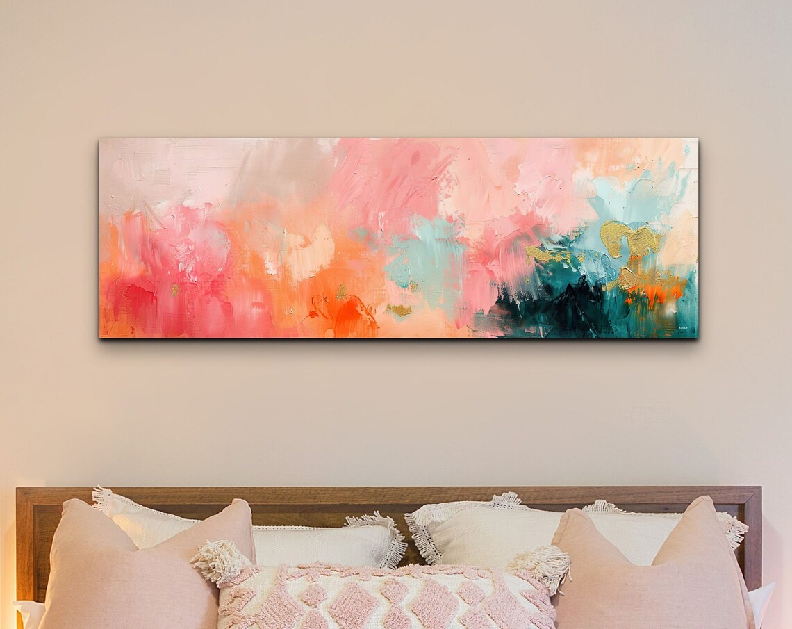 Pink Coral Teal Abstract Brushstroke Color Wash Panoramic Wall Art
