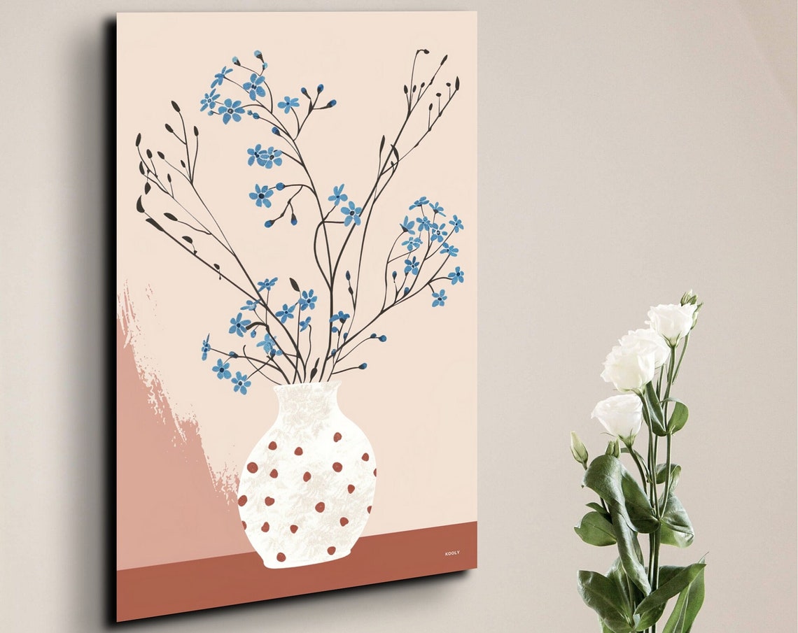 Delicate Blue Blooms in Dotted White Vase Blush Minimalist Art Poster