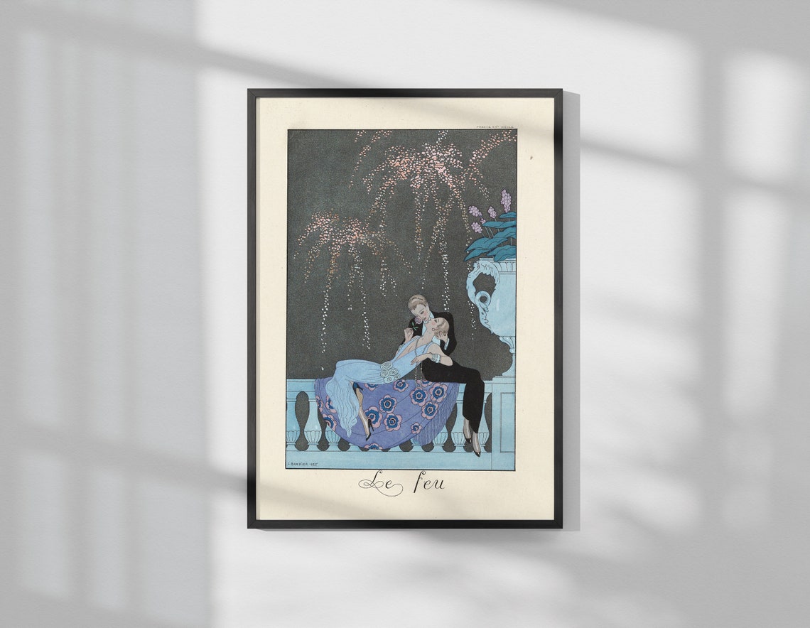 Art Deco Wall Art Lovers Kissing Fireworks At Night Vintage Fashion Illustration Couple In Love Vintage Fashion Art Print - Image 2