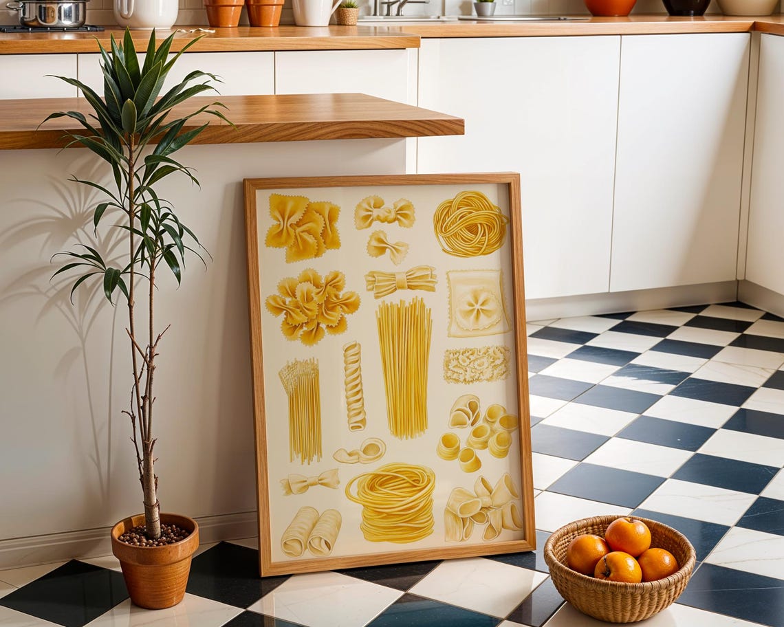 Pasta Shapes Illustrated Italian Kitchen Cooking Guide Art Poster