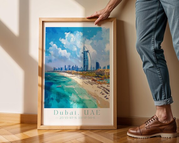 Dubai UAE Burj Al Arab Turquoise Beach Skyline Vintage Travel Poster