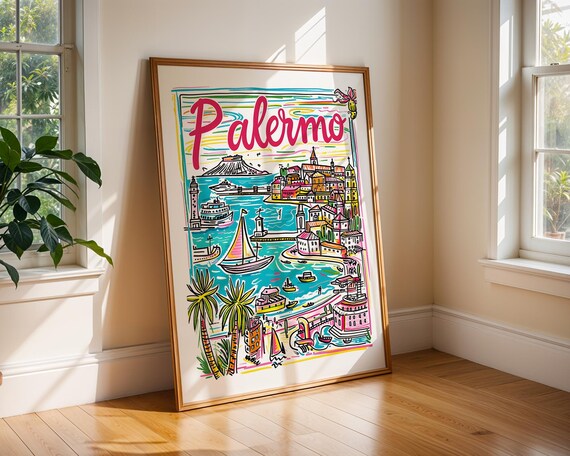 Palermo Sicily Colorful Harbor Sailboats Mediterranean Travel Poster