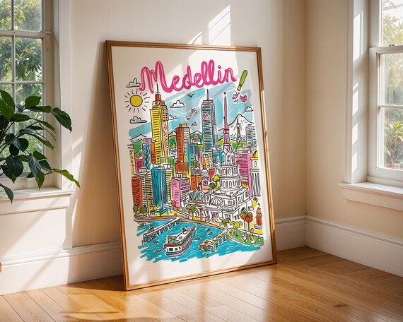 Medellin Colombia Colorful Illustrated Skyline Travel Poster