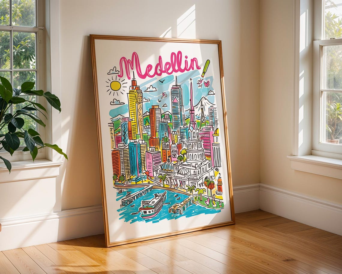 Medelln Travel Poster Colombia Wall Art Colourful Skyline Print Of Medellin City Urban Landscape Gift South America Decor
