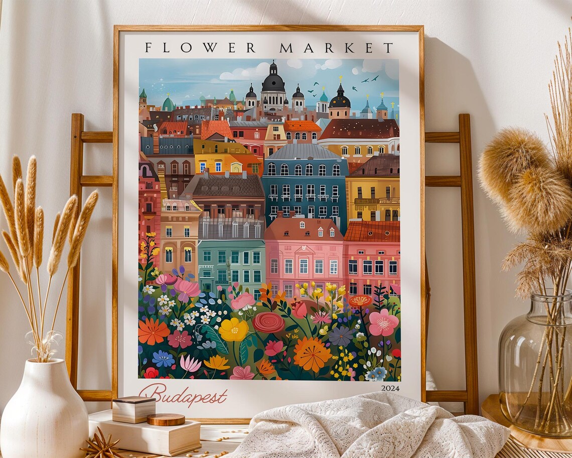 Budapest Flower Market Colorful Old Town Rooftops 2024 Poster