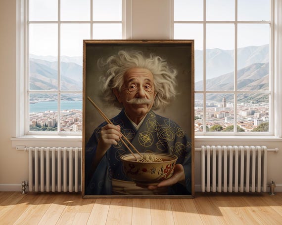 Albert Einstein Ramen Art Print Funny Gift For Science Lovers Nerdy Kimono Wall Decor Quirky Professor Noodle Poster Office
