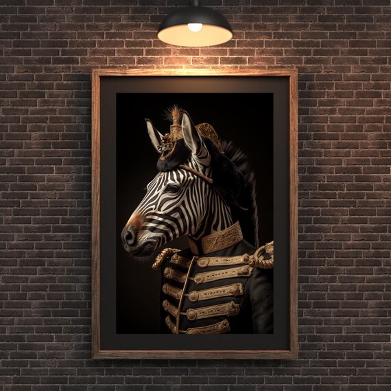 Noble Zebra In Black Military Regalia Safari Aristocrat Animal Wall Art Striped Regal Portrait Print Fun Office Artwork