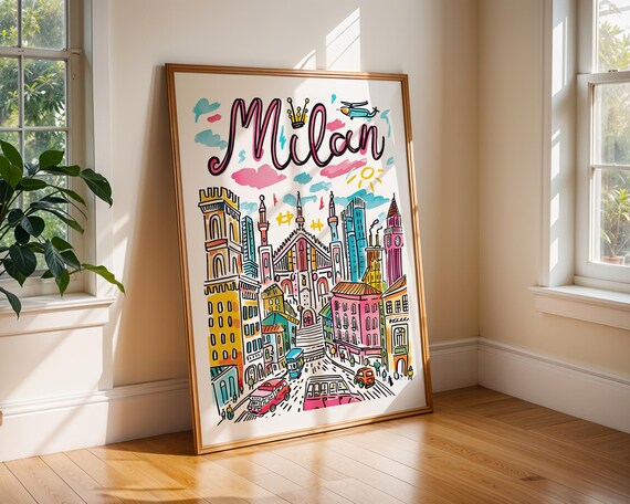 Milan Italy Duomo Colorful Doodle Cityscape Hand Drawn Travel Poster