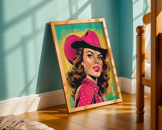 Retro Cowgirl Pop Art Print Bold Pink Western Wall With Vintage Comic Style Woman In Cowboy Hat Americana Country Home Decor