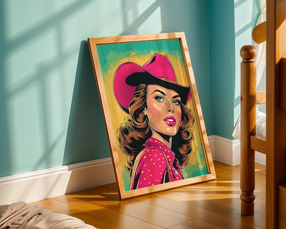 Retro Pink Cowgirl Pop Art Portrait Comic Style Western Woman Poster