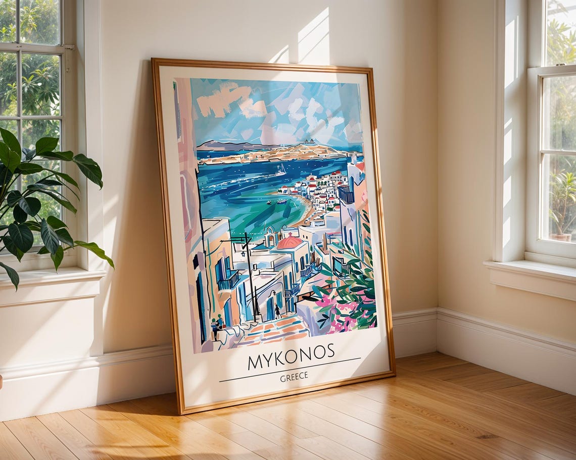 Mykonos Greece Watercolor Harbor Old Town Aegean View Poster