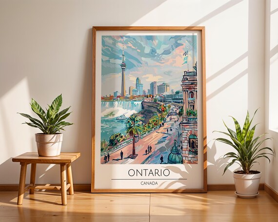 Ontario Canada Travel Poster Niagara Falls CN Tower Skyline Art