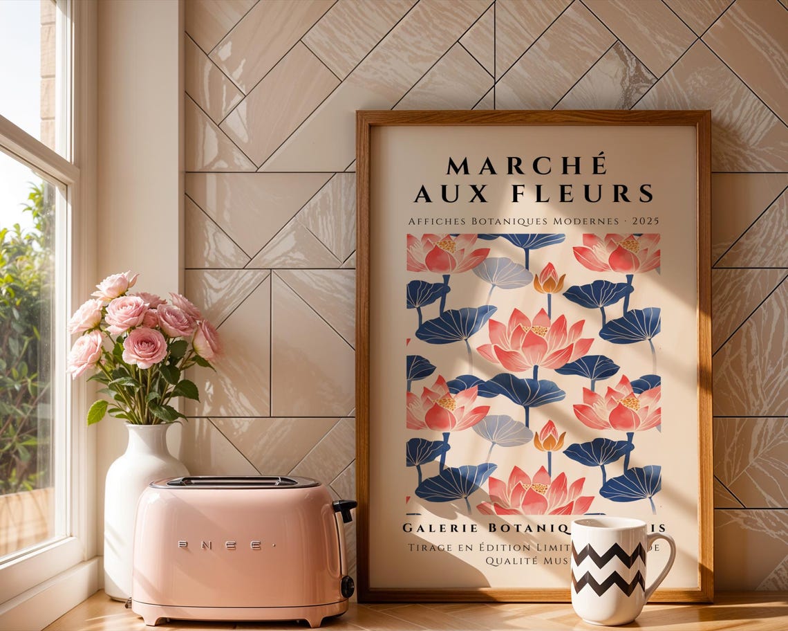 Marche Aux Fleurs Pink Water Lily Bloom Botanical Art Poster