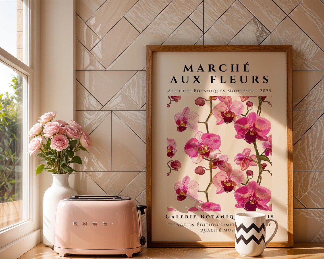 Pink Orchid Botanical Art Print, Tropical Floral Decor