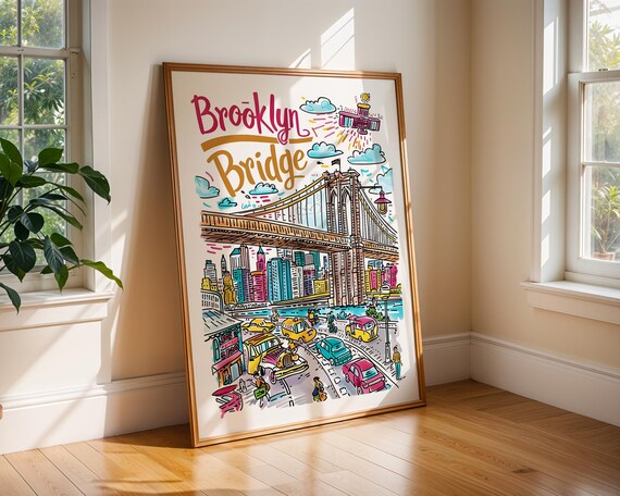 Brooklyn Bridge New York Colorful Street Scene Travel Poster