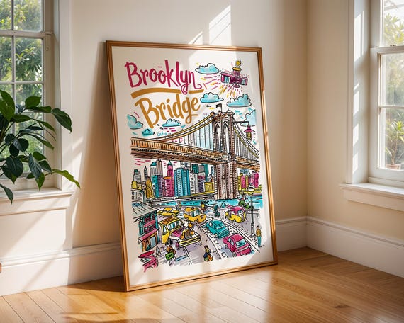 Brooklyn Bridge Nyc Poster New York Travel Wall Art Cityscape Illustration Print Urban Apartment Decor Gift Bathroom Office
