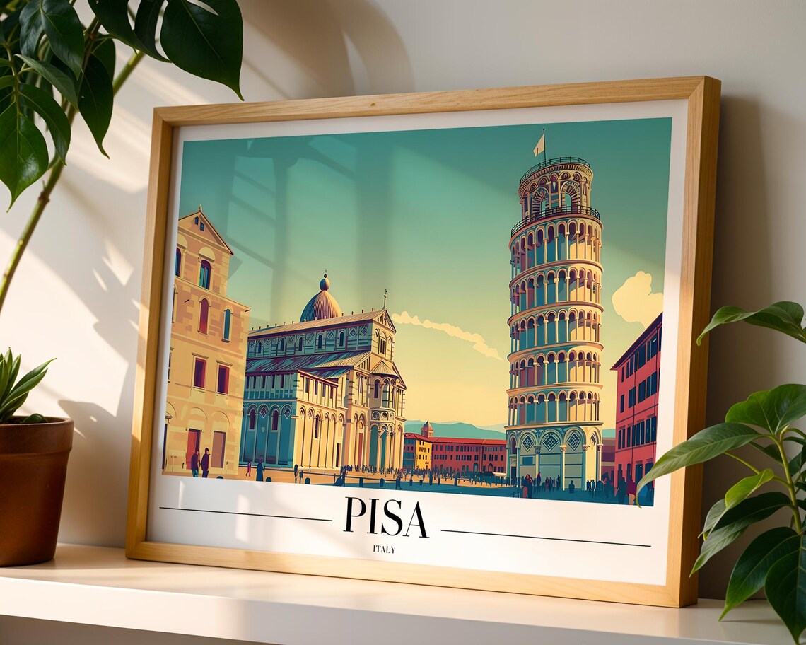 Pisa Italy Leaning Tower And Cathedral Square Colorful Travel Poster