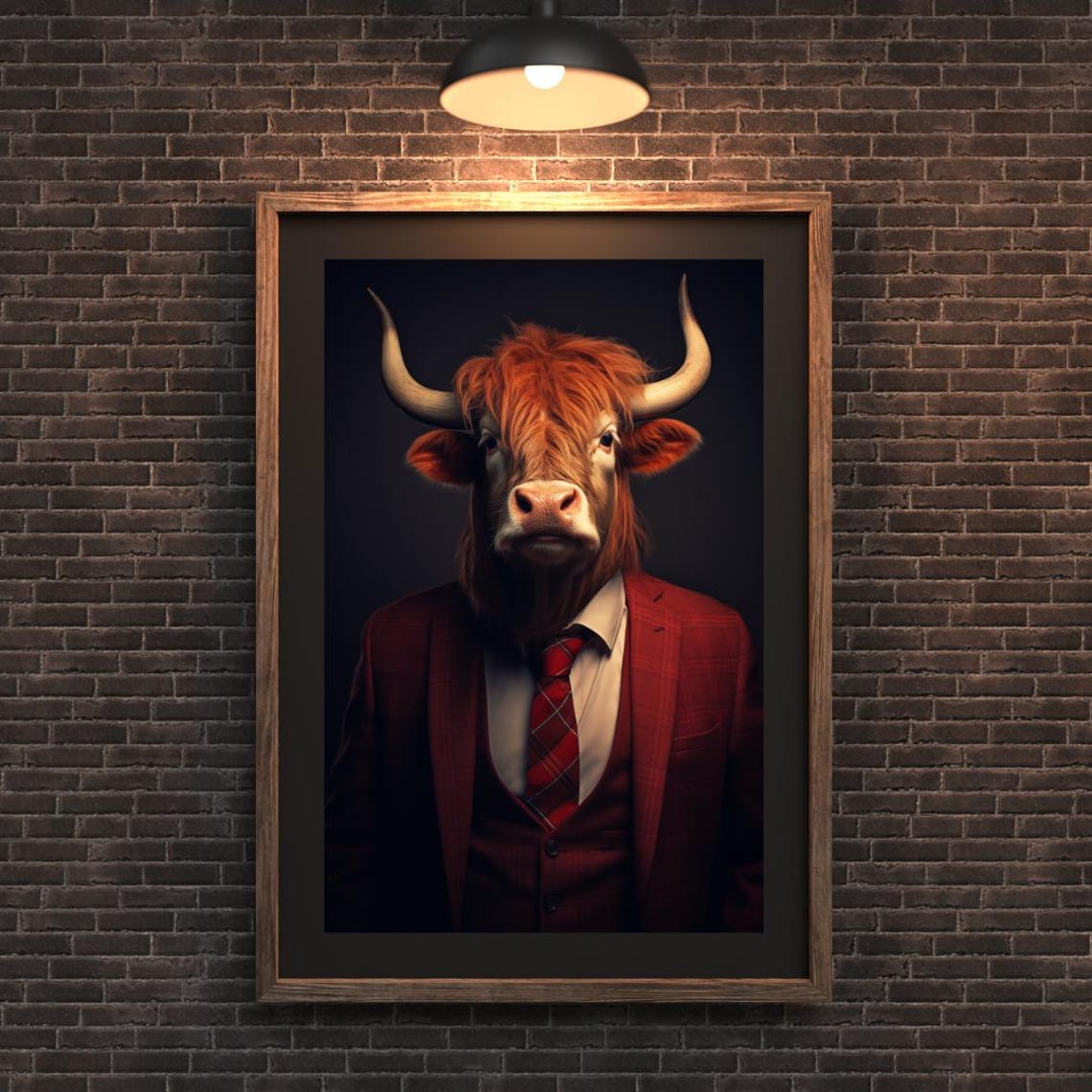Regal Highland Cow Red Suit Animal Portrait Farmhouse Wall Art