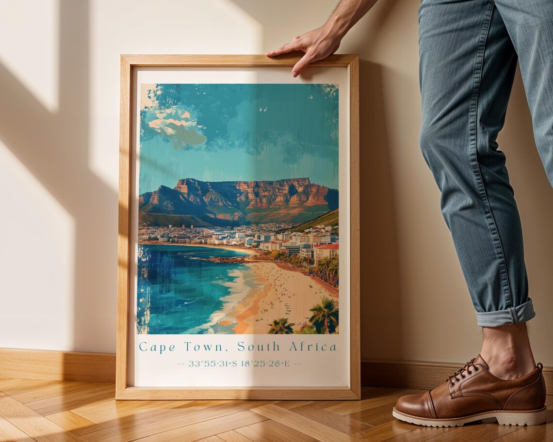 Cape Town South Africa Table Mountain Beach Vintage Travel Poster
