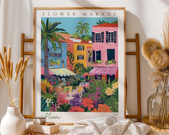 Miami Flower Market Palm Trees Pastel Houses 2024 Travel Poster