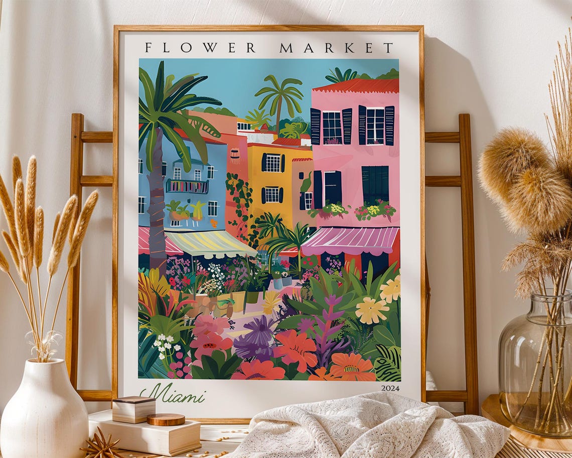 Miami Flower Market Palm Trees Pastel Houses 2024 Travel Poster
